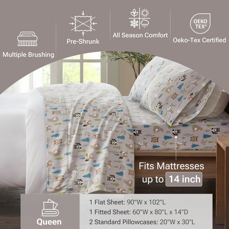 Sleep Philosophy True North by Sleep Philosophy Cozy Flannel Warm 100% Cotton Sheet - Novelty Print Animals Stars Cute Ultra Soft Cold Weather Bedding Set  Queen  Multi Forest Animals 4 Piece - Image 4